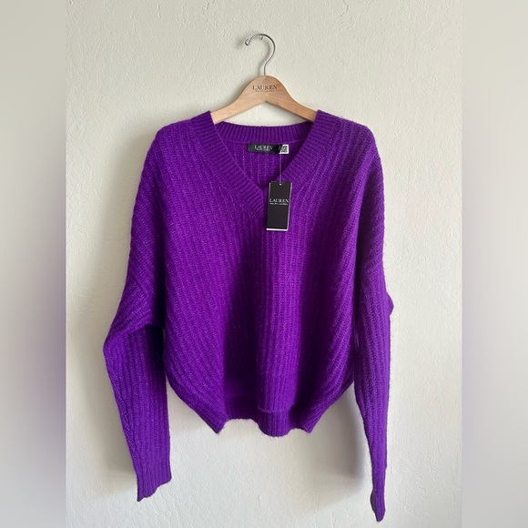 RALPH LAUREN Wool Blend Ribbed V-Neck Purple Sweater S NWT - Picture 6 of 10